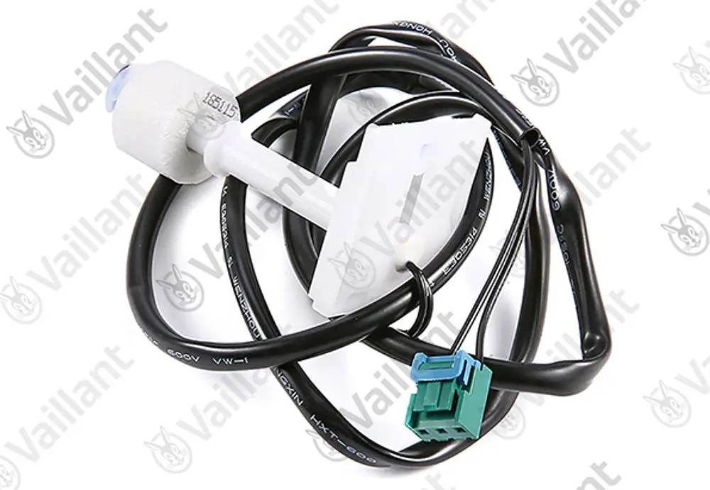 Vaillant Schwimmer mit Kabel und Stecker, wahrscheinlich Teil eines Luftsteuerungssystems, in weißer und schwarzer Ausführung.